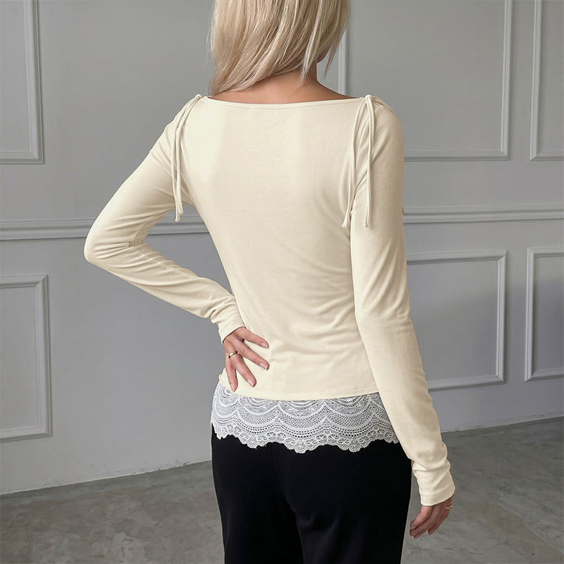 Lace Trim Cowl Neck Top Ruched Long Sleeve Fitted