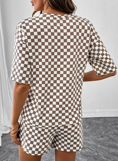 Rose Red Checkerboard Tee and Drawstring Shorts Set