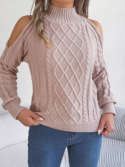 2025 Fall Winter Off-Shoulder Cable Knit Turtleneck Sweater