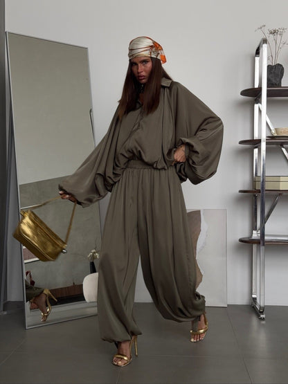 Women's Satin Batwing Zip-Up Two-Piece Jogger Set