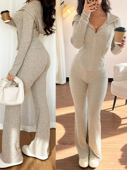 Women's Ribbed Half Zip Knit Top and Pants Matching Set