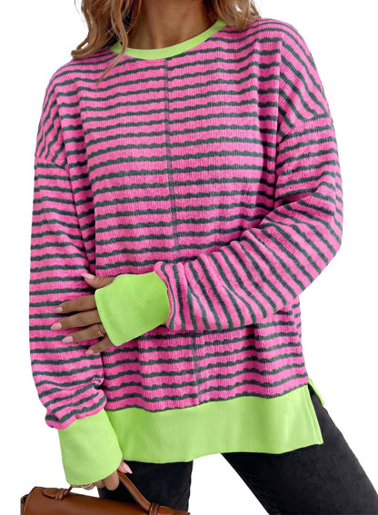 Women's Oversized Striped Crewneck Sweatshirt Side Slit