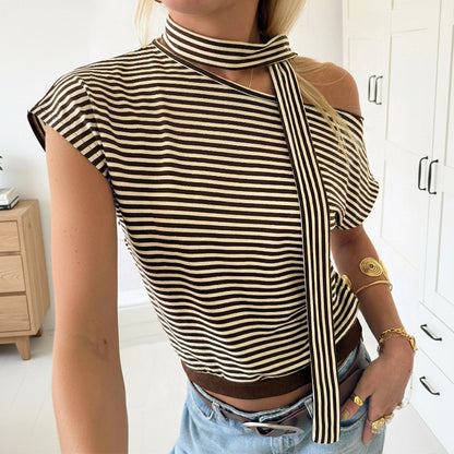Striped One Shoulder Choker Neck Tee Casual Summer Top