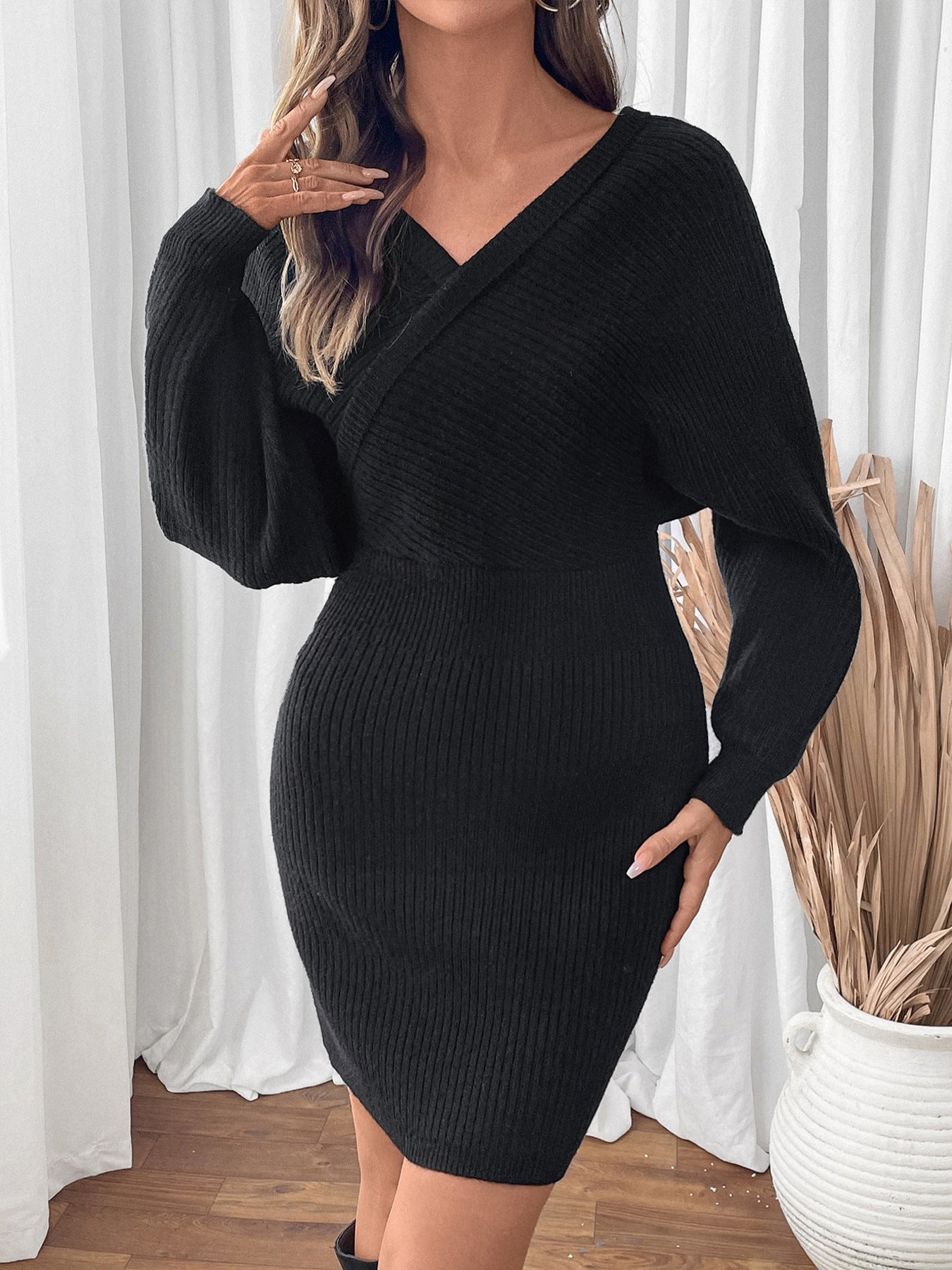 Autumn and Winter Women's Clothing V-neck Bat Sleeve Solid Color Knitted Sweater Dress