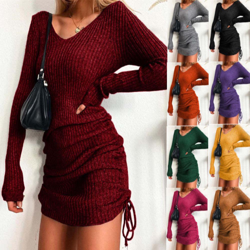 V Neck Ribbed Ruched Long Sleeve Bodycon Mini Sweater Dress