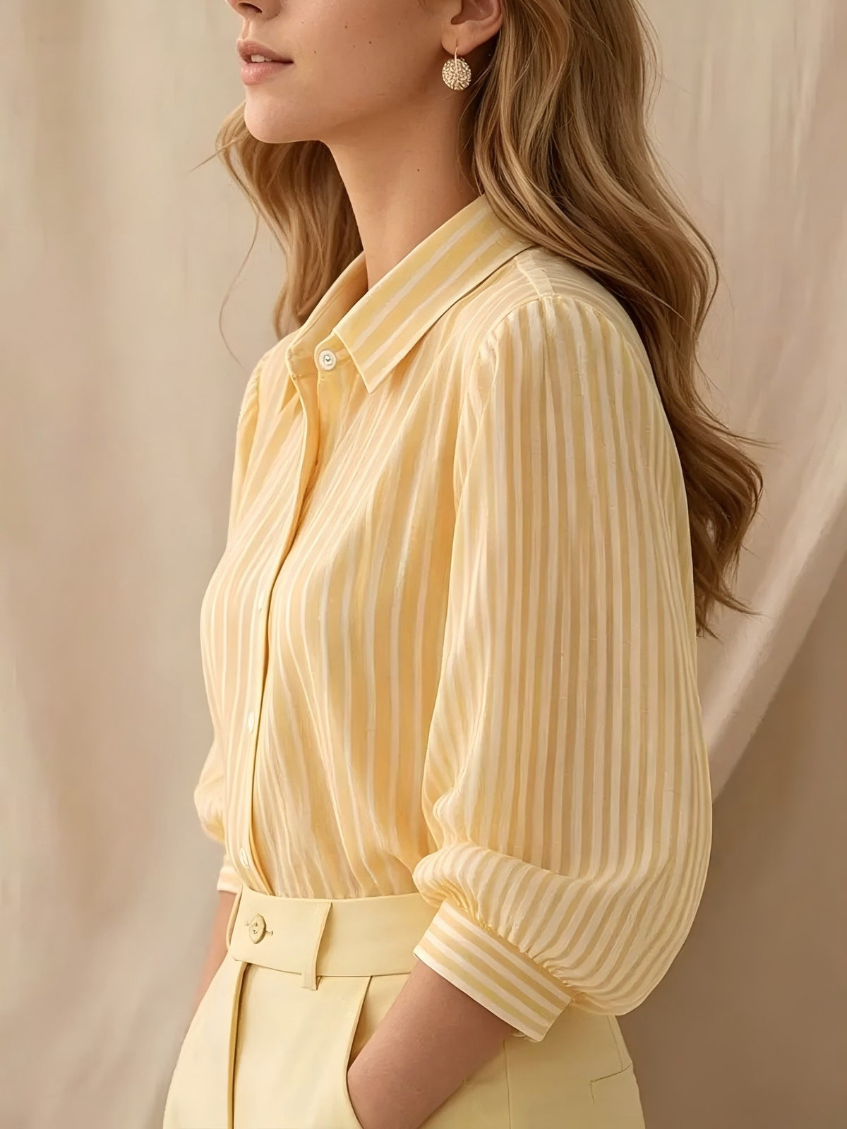 Striped Puff Sleeve Collared Workwear Blouse