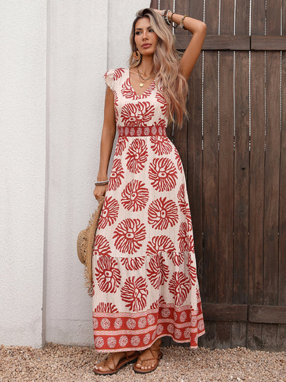 Boho Leaf Print V Neck Flutter Sleeve Maxi Dress Resort