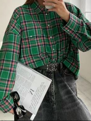 Women's Oversized Plaid Shacket Button Down Pocket