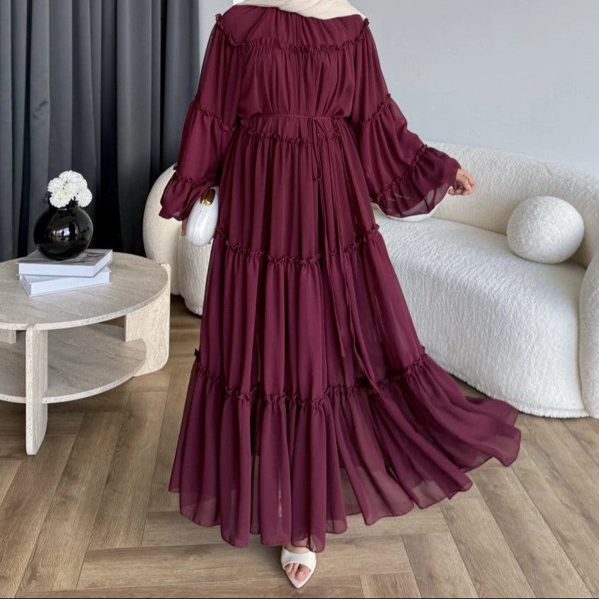 Long Puff Sleeve Tiered Maxi Dress Tie Waist