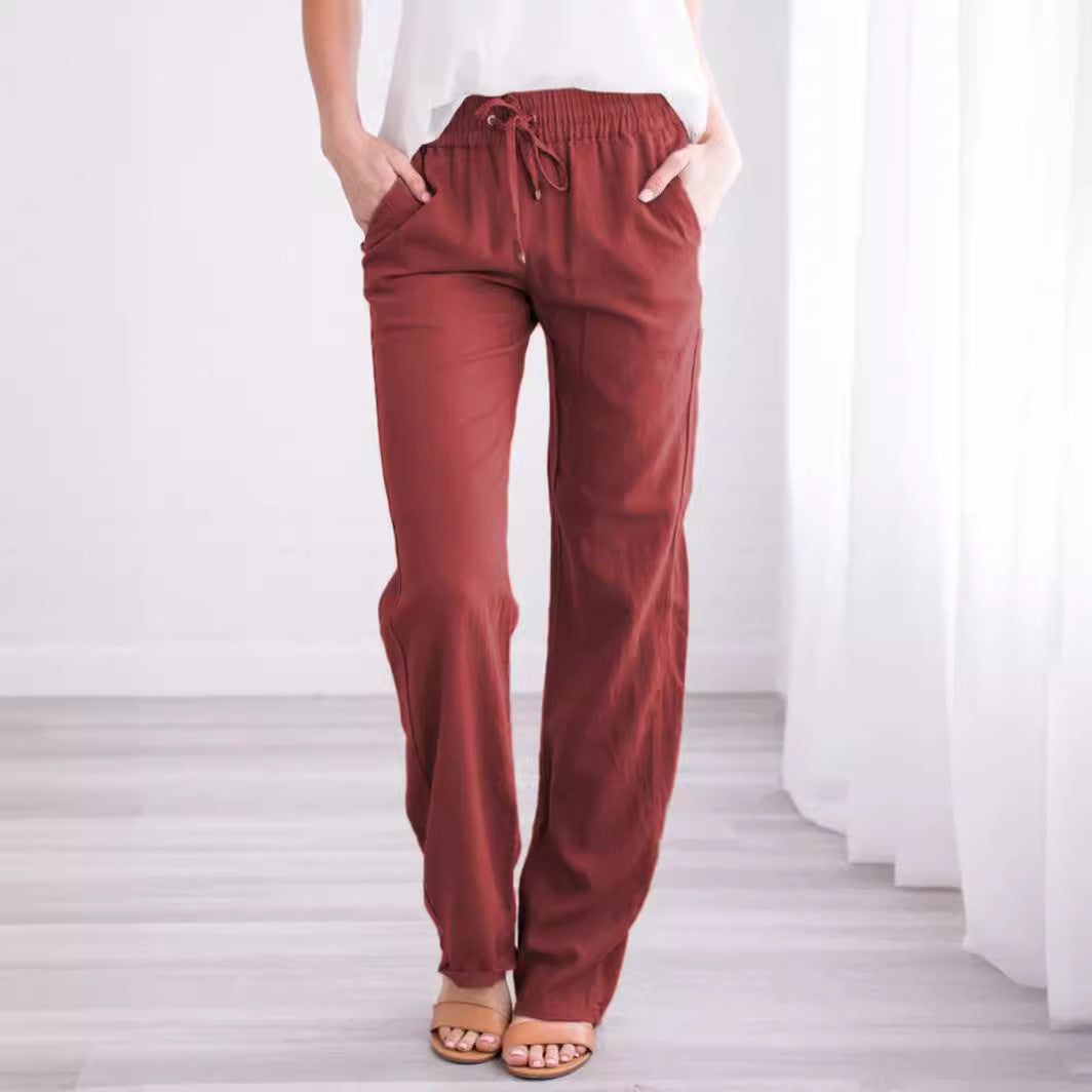 Women's Cotton Linen Drawstring Wide Leg Pants