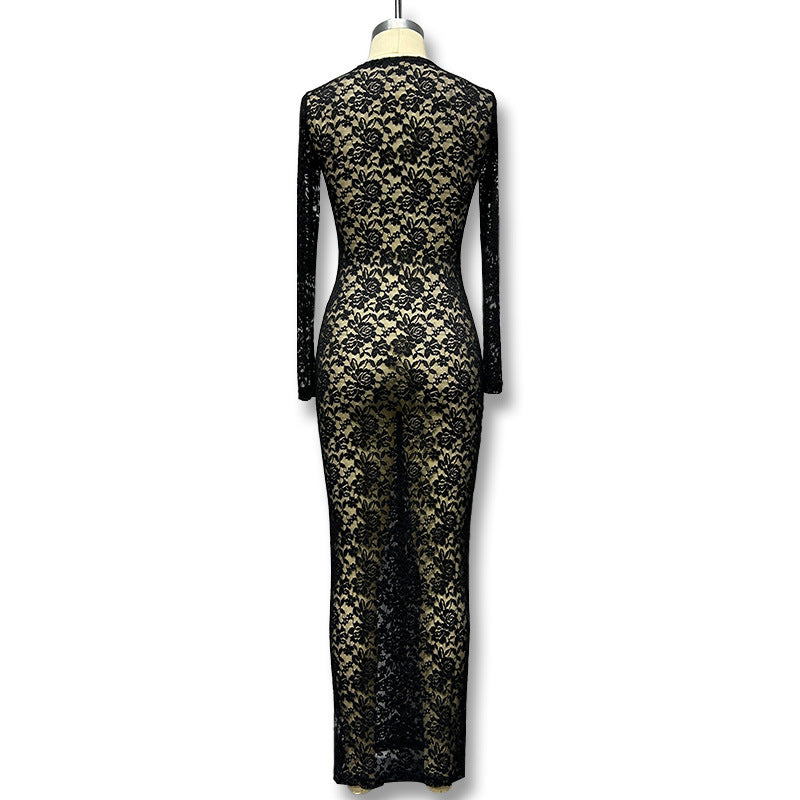 Sexy Sheer Lace Long Sleeve Bodycon Maxi Dress