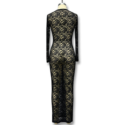 Sexy Sheer Lace Long Sleeve Bodycon Maxi Dress