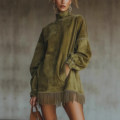 Oversized Suede Fringe Mini Dress Mock Neck Pockets