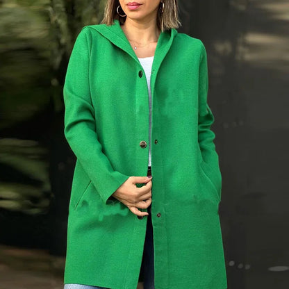 Women's Hooded Wool Coat Oversized Button Front Mid Length