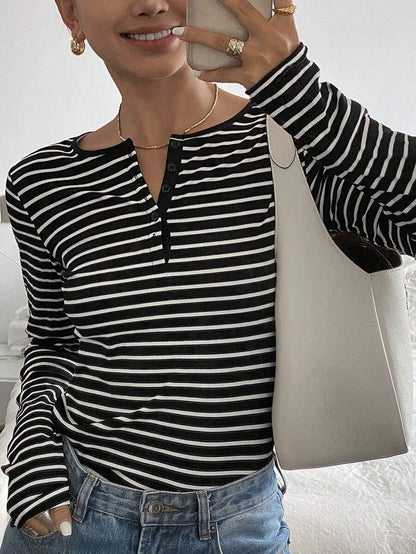 Striped thermal Henley top long sleeve fitted style