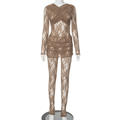 Sexy Lace Sheer Bodysuit Mini Skirt Two Piece Set