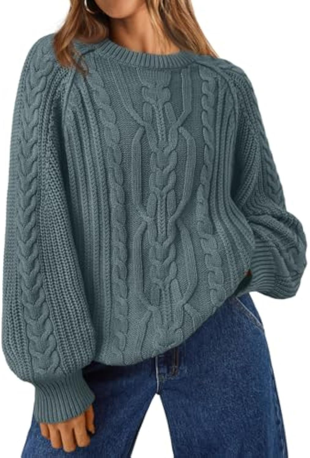 Women's Oversized Cable Knit Crew Neck Pullover Sweater