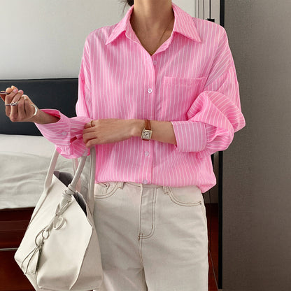 Pink Striped Oversized Button Down Shirt Women Casual Top