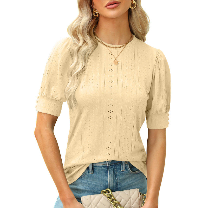 Eyelet Puff Sleeve Short Sleeve Casual Blouse Top