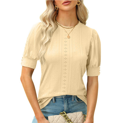 Eyelet Puff Sleeve Short Sleeve Casual Blouse Top