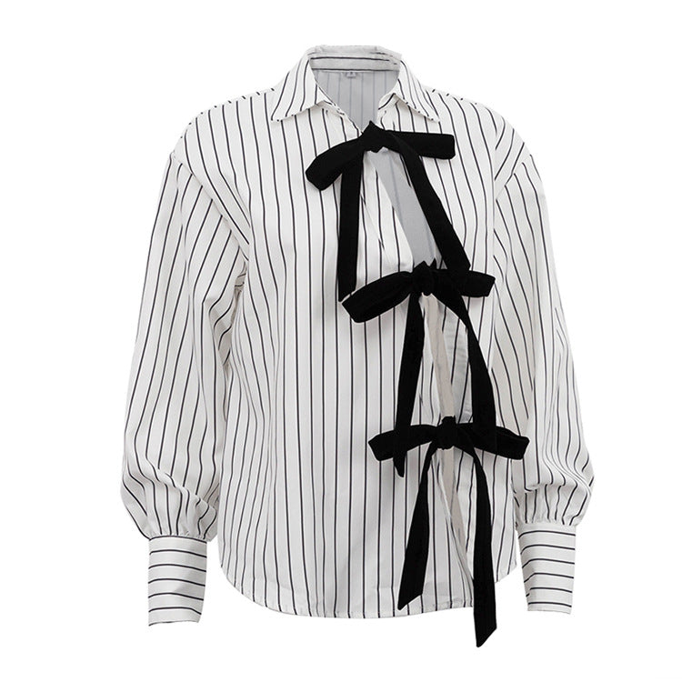 Women's Striped Bow Tie Long Sleeve Shirt Blouse