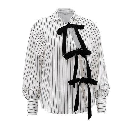 Women's Striped Bow Tie Long Sleeve Shirt Blouse