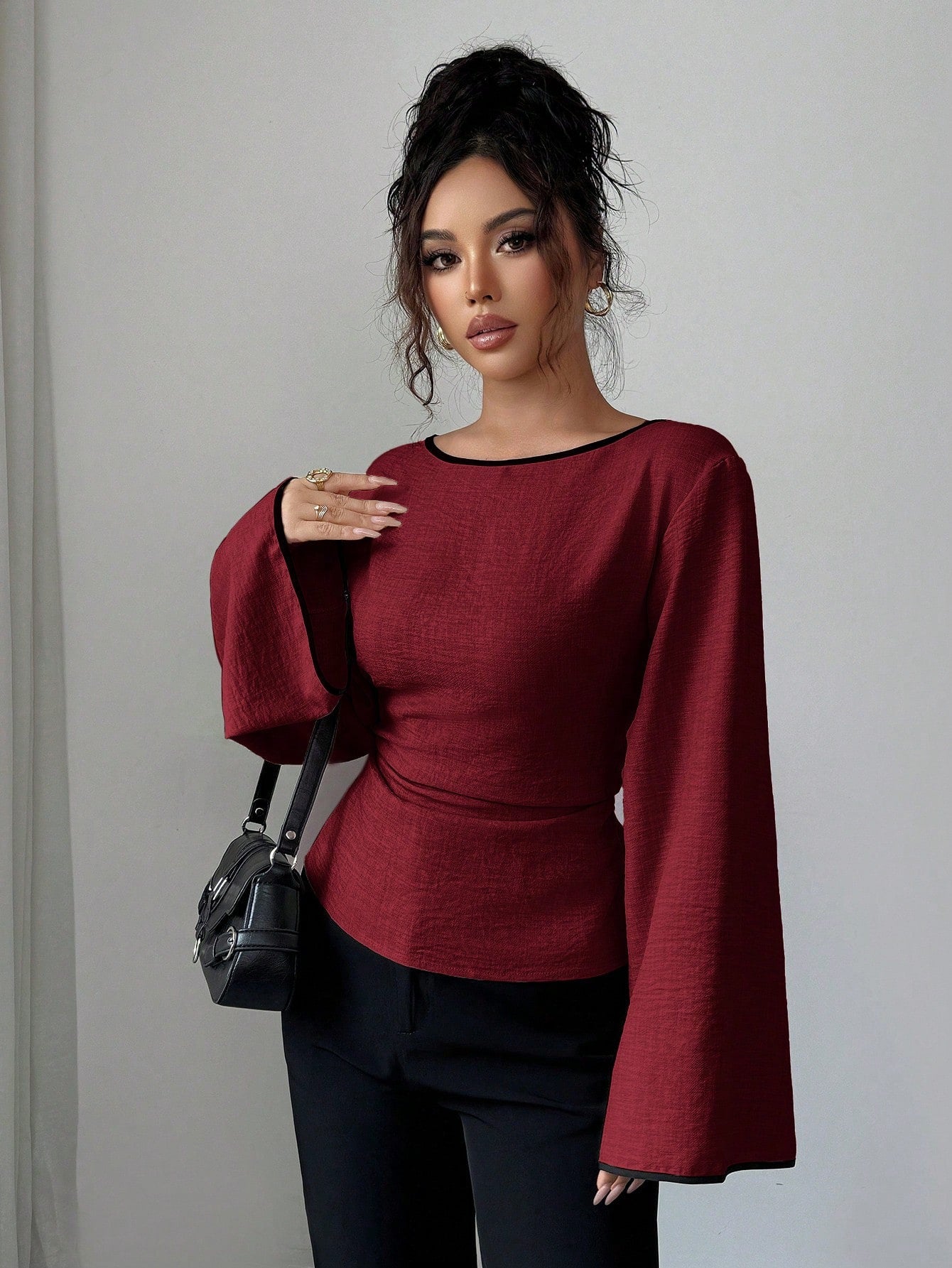 Women's Elegant Boat Neck Bell Sleeve Cinched Waist Blouse
