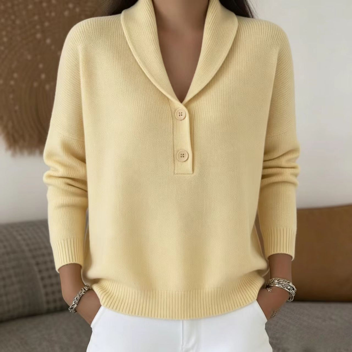 Women's Shawl Collar Button Pullover Sweater Soft Knit