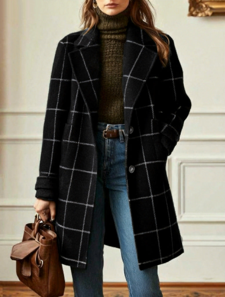 Women's Vintage Plaid Lapel Coat Winter Mid-Length
