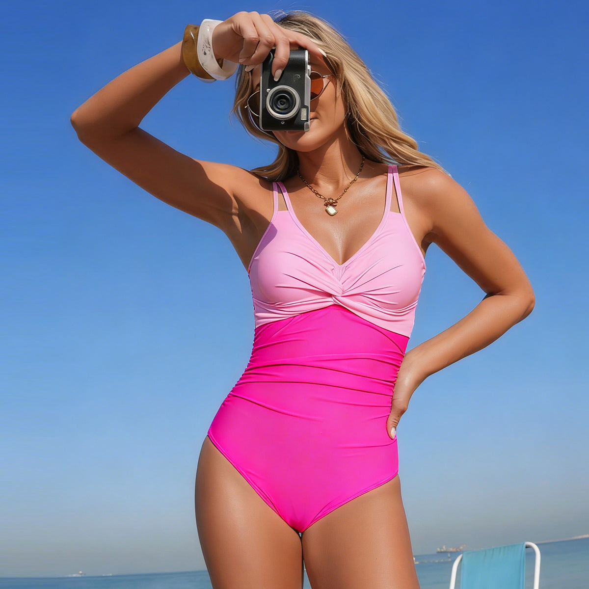 Black One Piece Swimsuit Tummy Control Ruched V Neck
