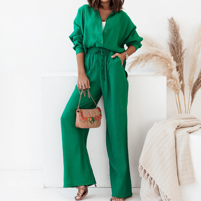 Women's Solid Shirt & Wide Leg Pants Lounge Set