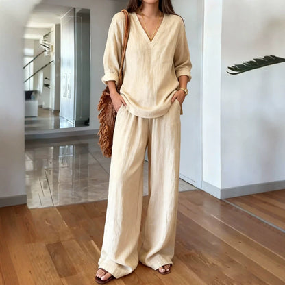 Women's V-Neck Long Sleeve & Wide Leg Pants Matching Set