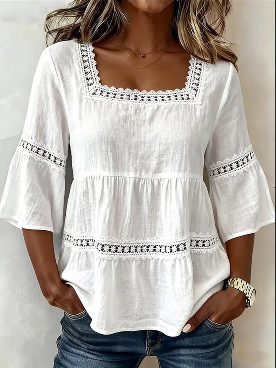 Women's Square Neck Lace Trim 3/4 Sleeve Linen Blend Top