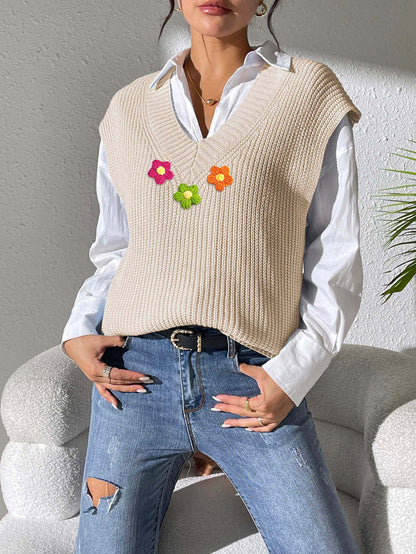 Women's Solid Color V-Neck Hook Splicing Machine Knitted Sweater