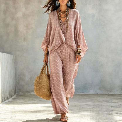 Boho Polka Dot Batwing Top and Jogger Pants Lounge Set