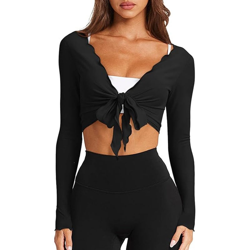 Women's V Neck Wrap Crop Top Long Sleeve Lettuce Trim Knit