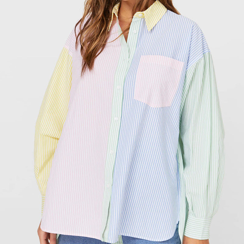 Women's Color Block Striped Oversized Button Down Shirt