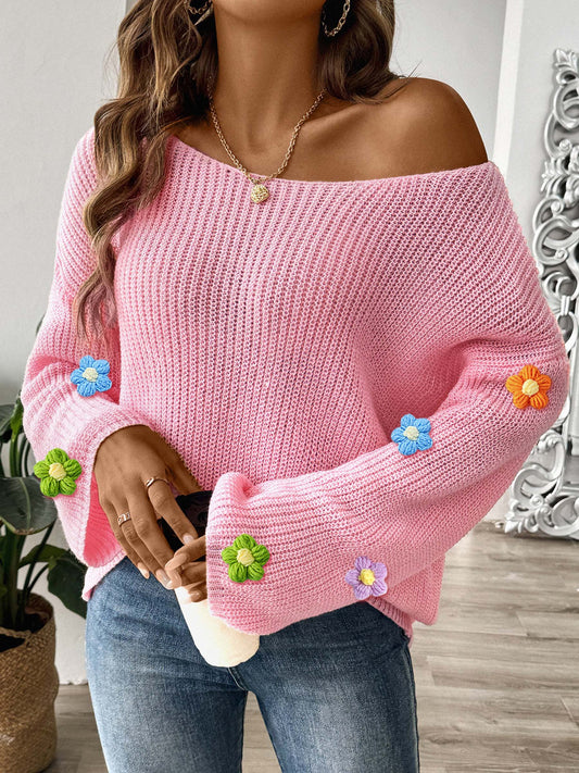 Off-Shoulder Knit Sweater with Crochet Flower Detail