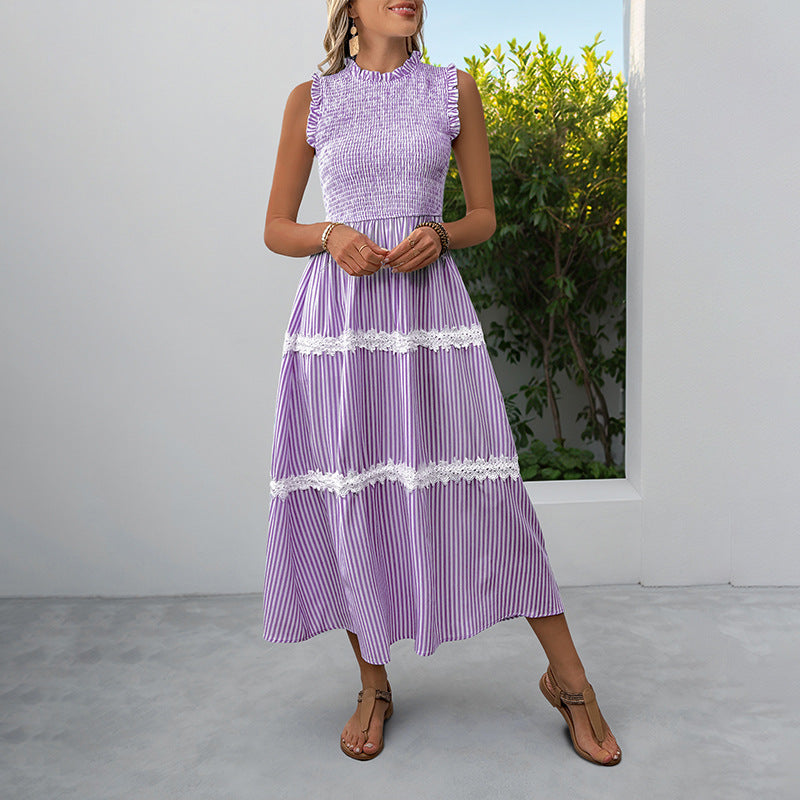 Sleeveless Striped Lace Midi Dress Ruffled A-Line Summer