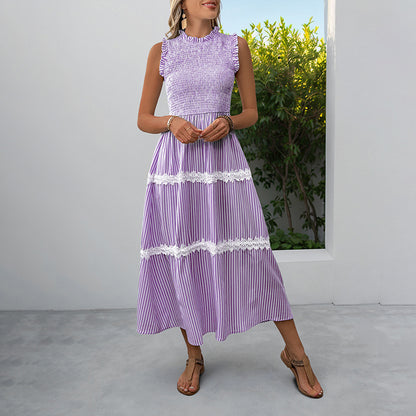 Sleeveless Striped Lace Midi Dress Ruffled A-Line Summer