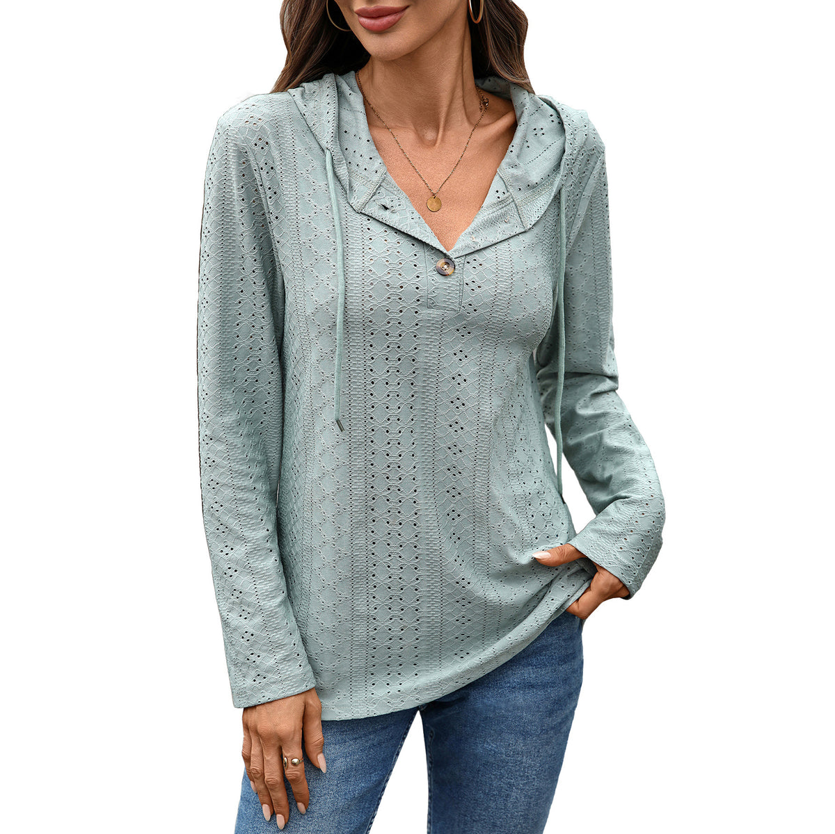 Women's Eyelet Button Hoodie Long Sleeve Tunic Top