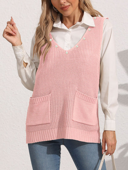 Women's Vest Double Pocket Splicing V-Neck Casual Pearl Vest Sweater