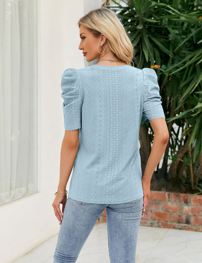 Loose Fit Ruched Sleeve Lace Knit T-Shirt for Women