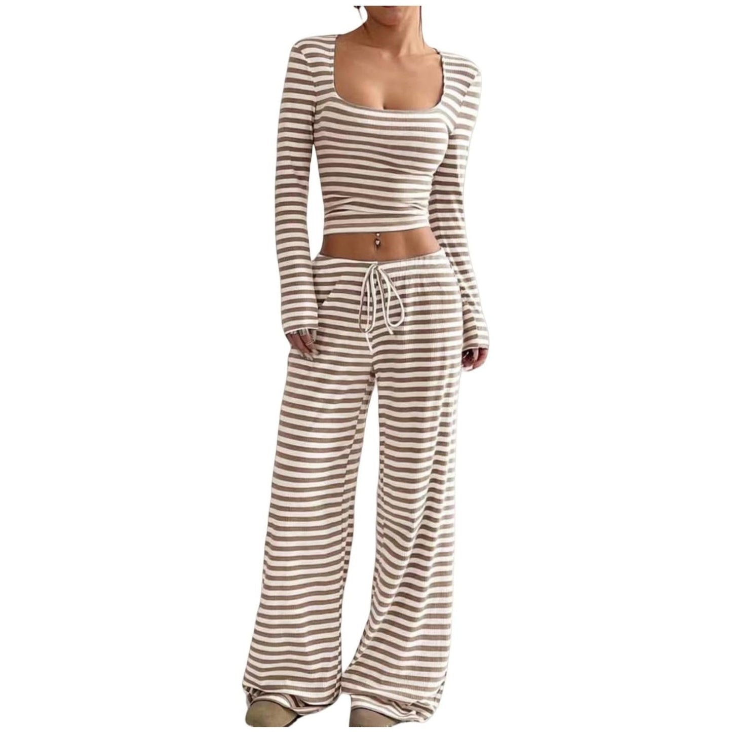 Striped Polyester T-Shirt & High-Waist Wide Leg Pants Set
