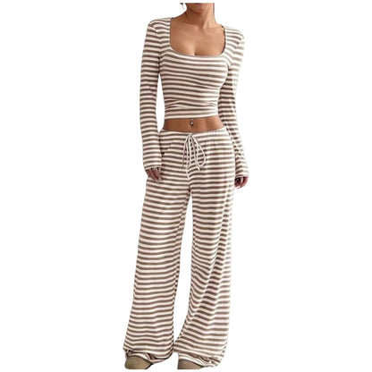 Striped Polyester T-Shirt & High-Waist Wide Leg Pants Set