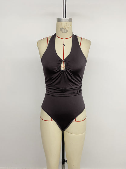 Solid Halter Cutout Bodysuit Sexy Sleeveless Bodycon Top