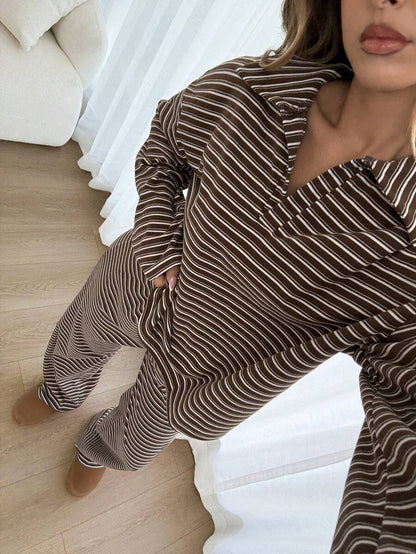 Striped Lounge Set Women Collared Pullover Wide Leg Pants