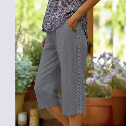 Lace Trim Linen Look Capri Pants Wide Leg Pocket