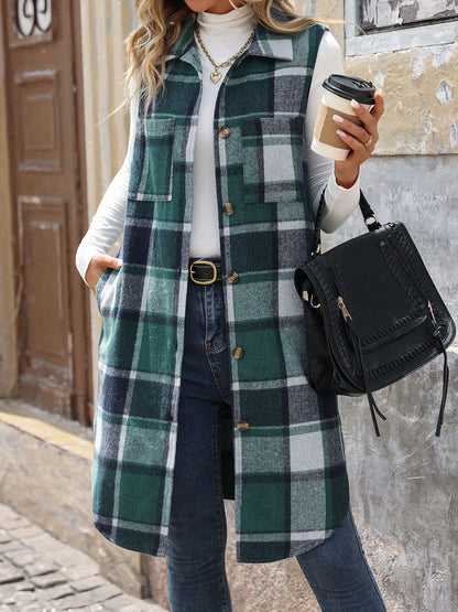 Plaid Longline Vest Lapel Button Front Pockets