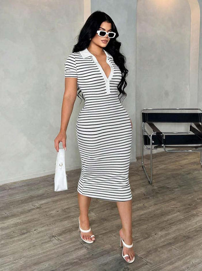 Polo Collar Stripe Bodycon Midi Dress Short Sleeve Casual